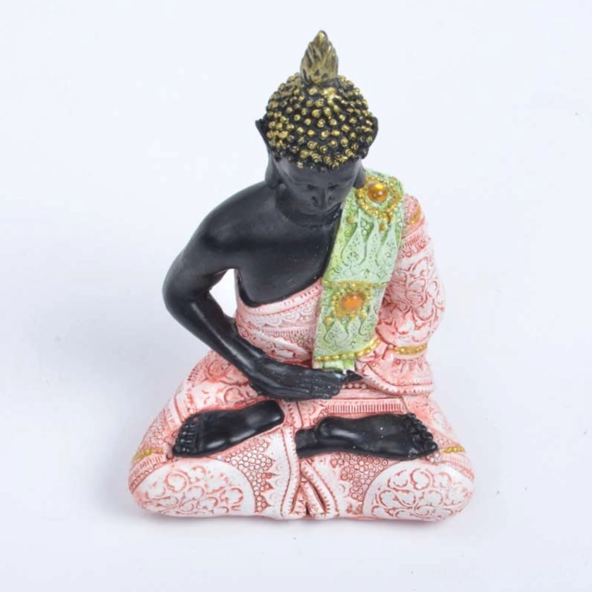 Meditation Buddha figurine with hand mudra gesture, pink embroidered robes and green sash detail