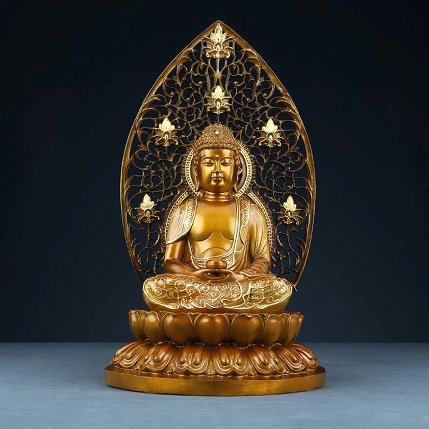 Polished bronze Buddha statue front view - Meditation pose with detailed carved backplate and lotus base on dark background