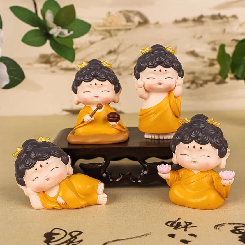 Handcrafted resin Buddha statues with pink lotus bases symbolizing enlightenment and purity