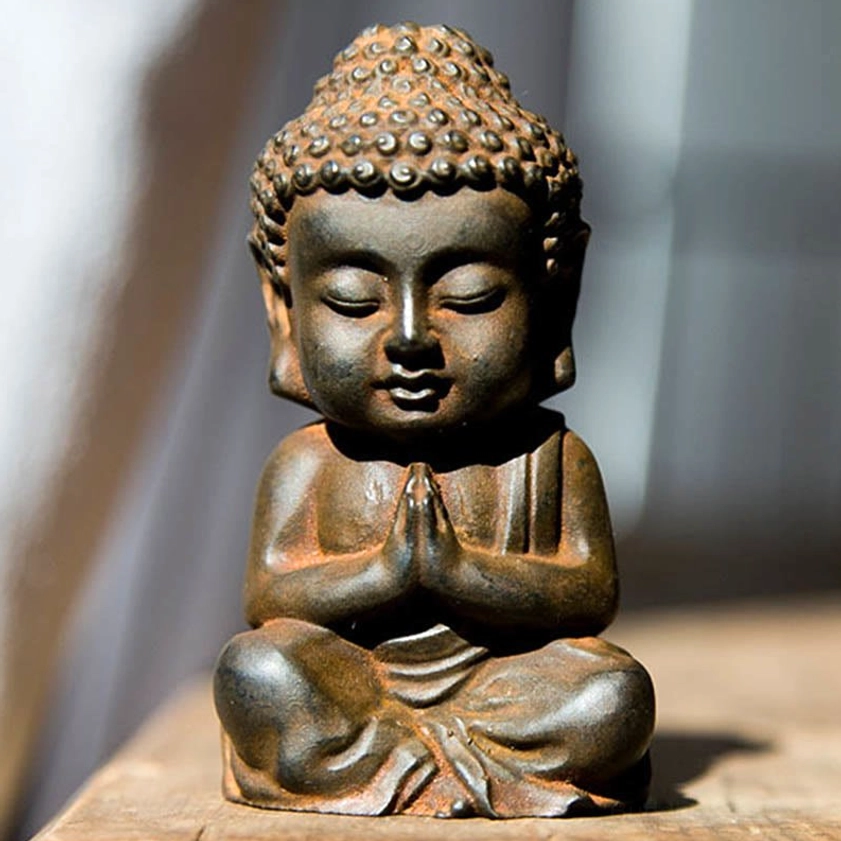 Rust version praying Buddha figurine with hands pressed together anjali mudra - weathered brown patina