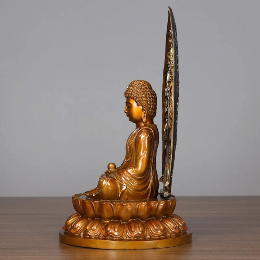 Buddha statue rear left side view - Visible ornate backplate and authentic handcrafted bronze surface texture
