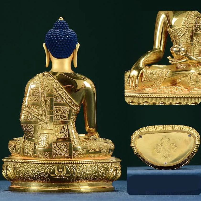 Buddha statue rear view and detail shots showing carved back drapery and ornamental base