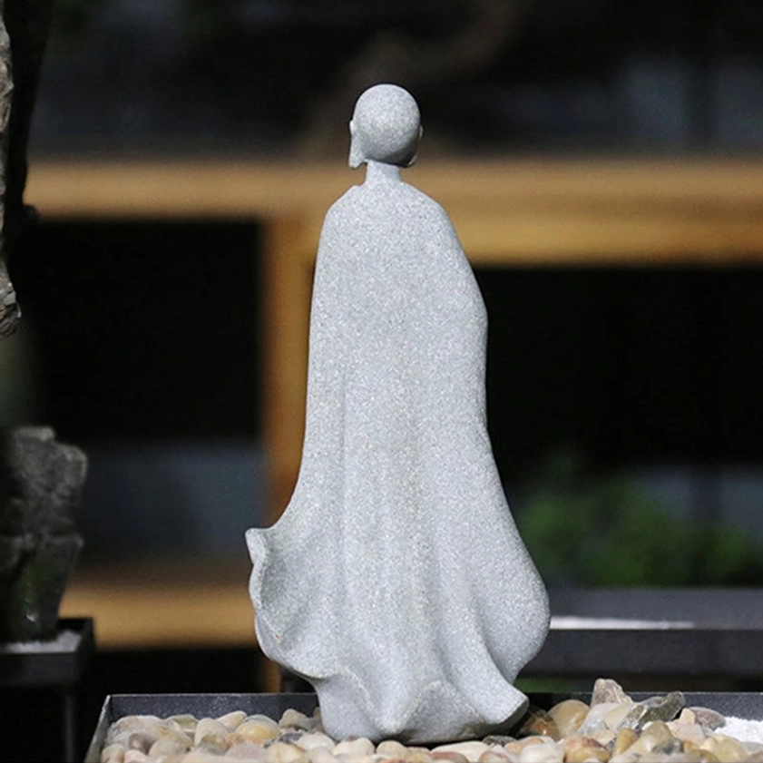 Rear View Grey Sandstone Buddha Statue with Flowing Robe Meditation Sculpture