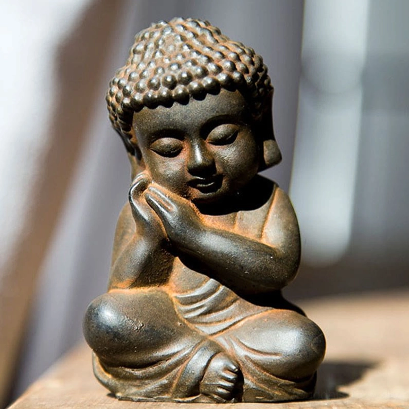 Rust version Buddha resting chin figurine - vitarka mudra hand gesture weathered brown finish