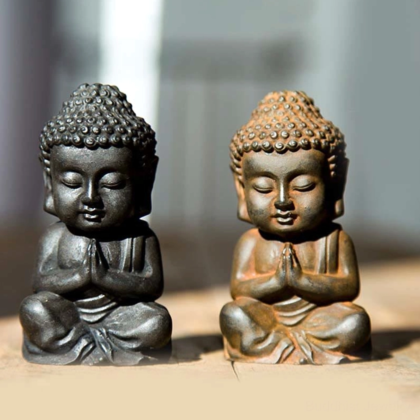 Rust version Buddha statue weathered patina close-up - vintage brown finish artistic oxidation
