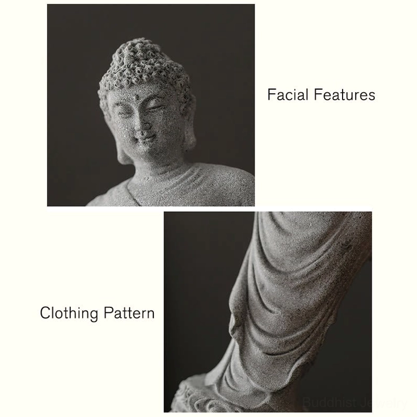 Buddha statue facial features and draped robe fabric texture close-up details