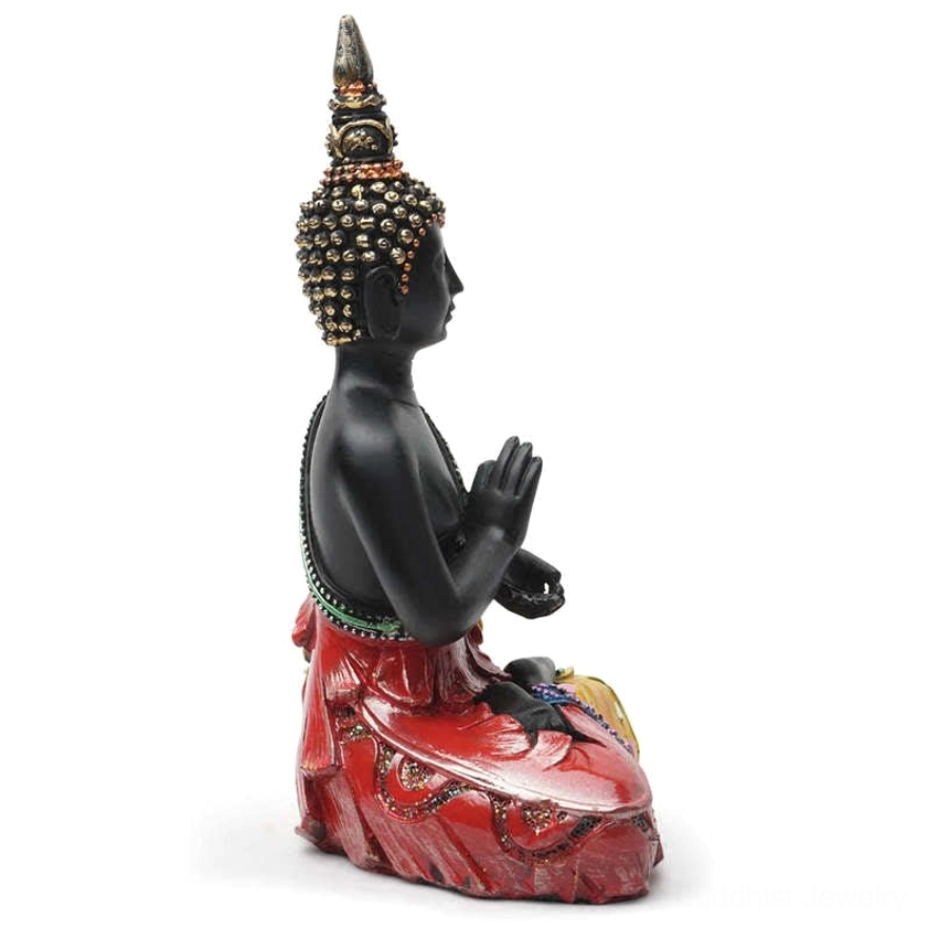 Thai Buddha resin statue right side profile showing red lower robe and golden upper robe details