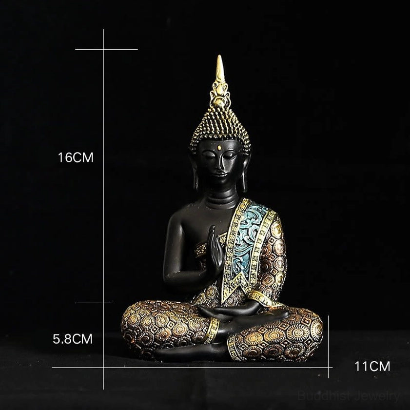 Small Thai Buddha decorative statue with size comparison markers showing dimensions, side profile view on black background