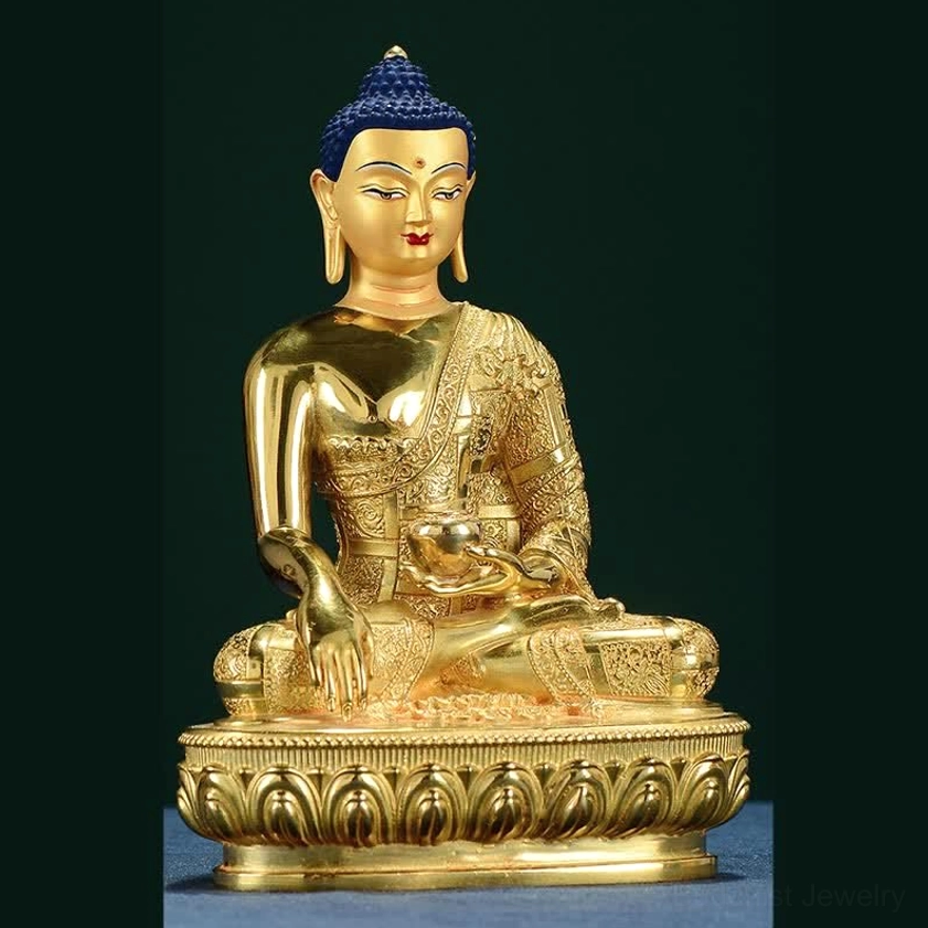 Hand-carved Buddha statue three-quarter angle showing alms bowl and detailed robe carvings