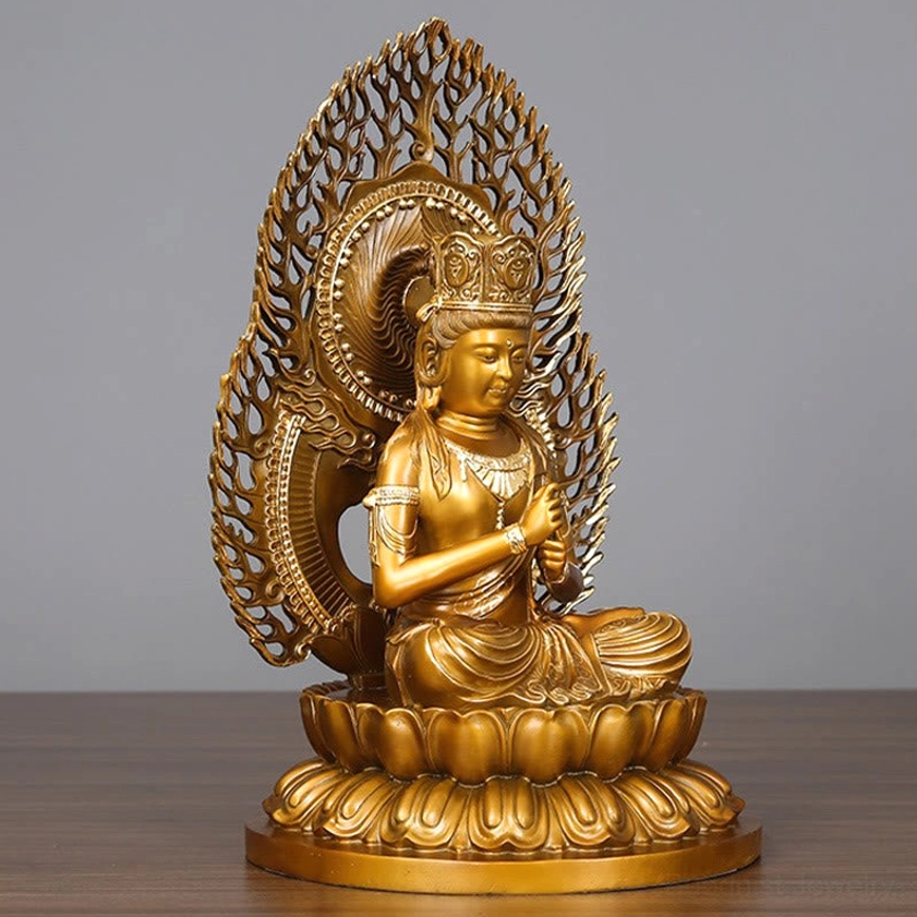 Three-quarter right side view of bronze Buddha figurine showing clasped hand mudra and ornate lotus throne base