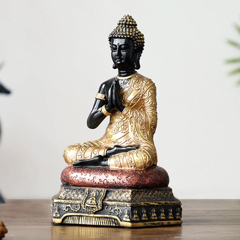 Buddhist resin Buddha statue with vintage carved base representing wisdom and enlightenment