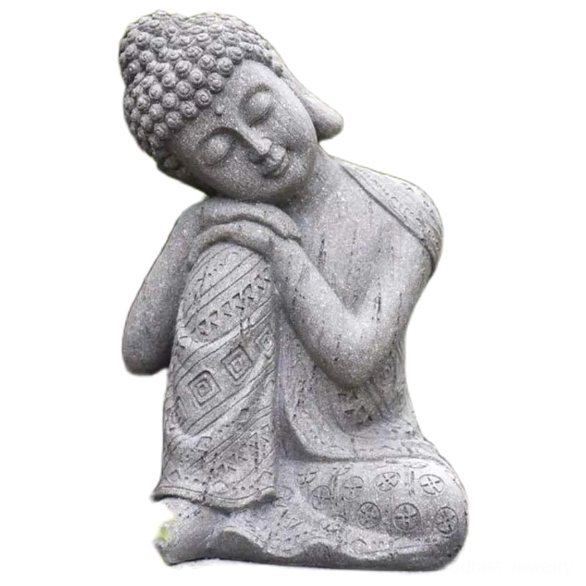 Handcrafted Buddha figurine on white background showing clear geometric robe carvings and calm serene face