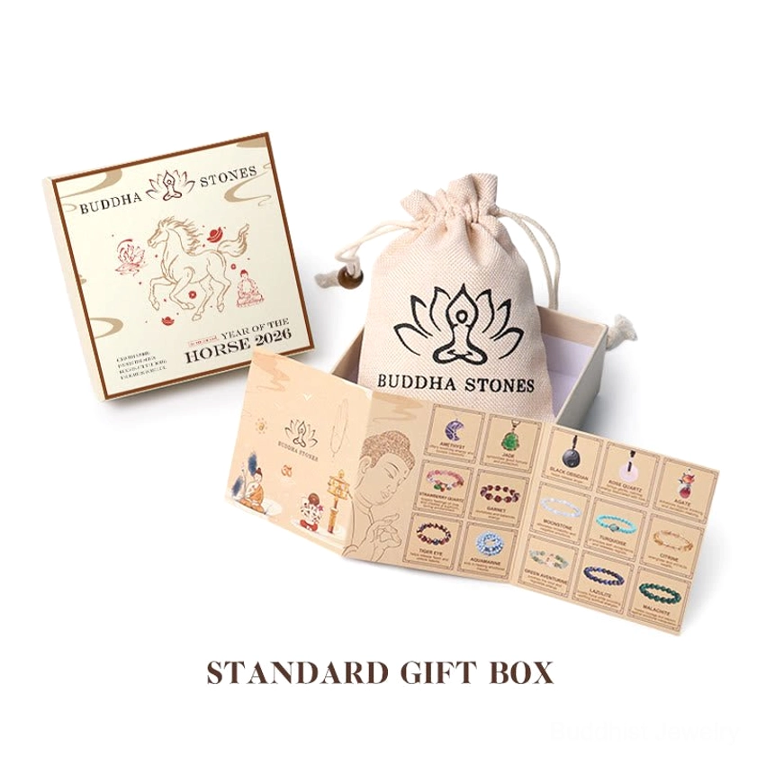 Buddha Stones branded gift set with jewelry box, drawstring pouch, and product brochure