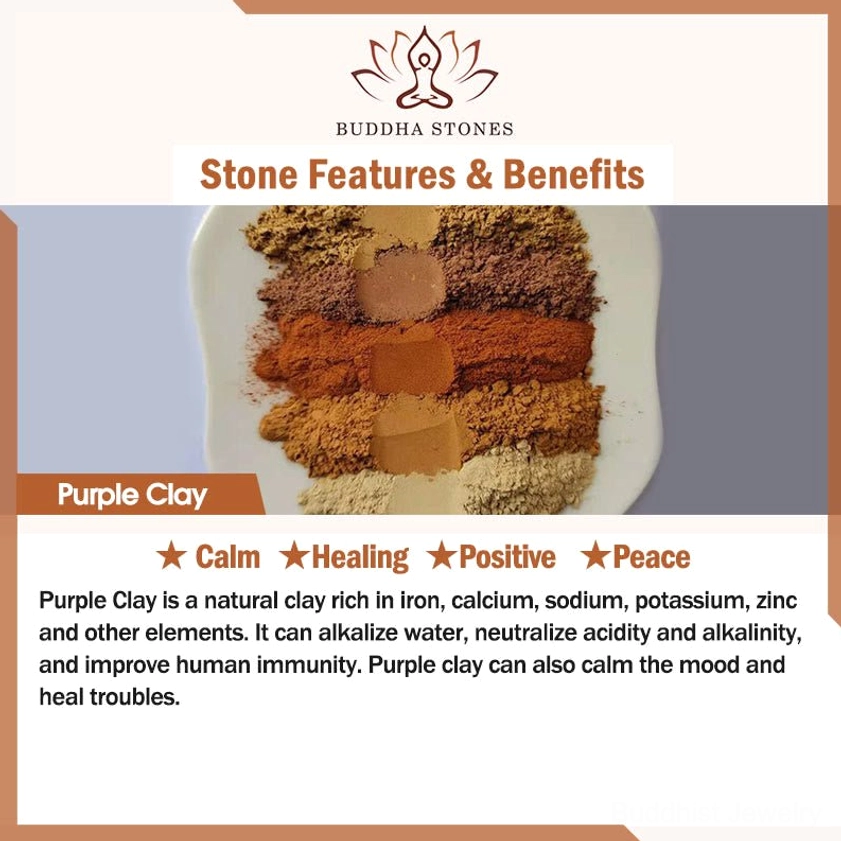 Buddha Stones product introduction card featuring purple clay healing benefits and brand information