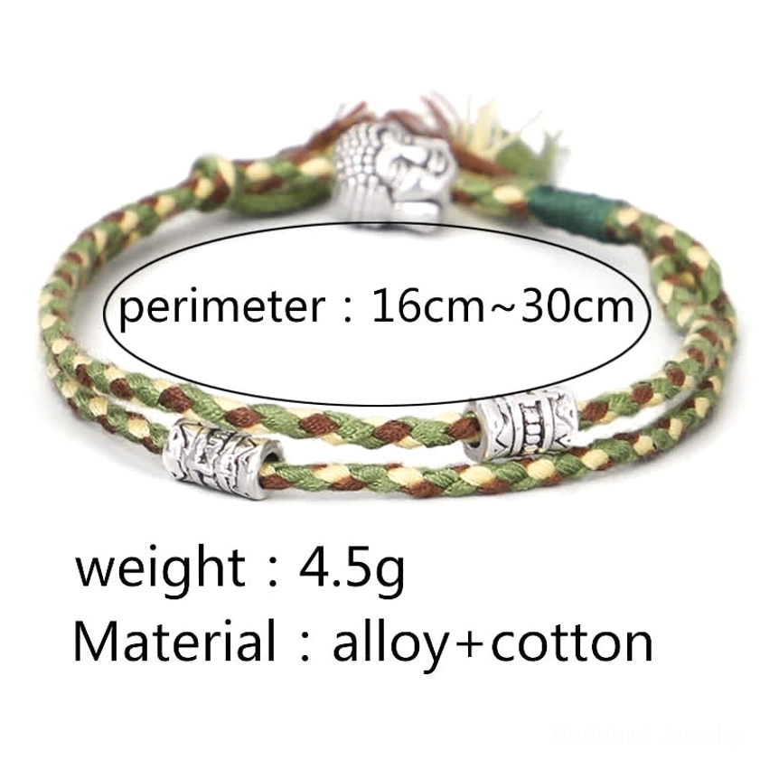 Buddha head string bracelet with specifications label showing size 16-25cm, weight 4.5g, material information