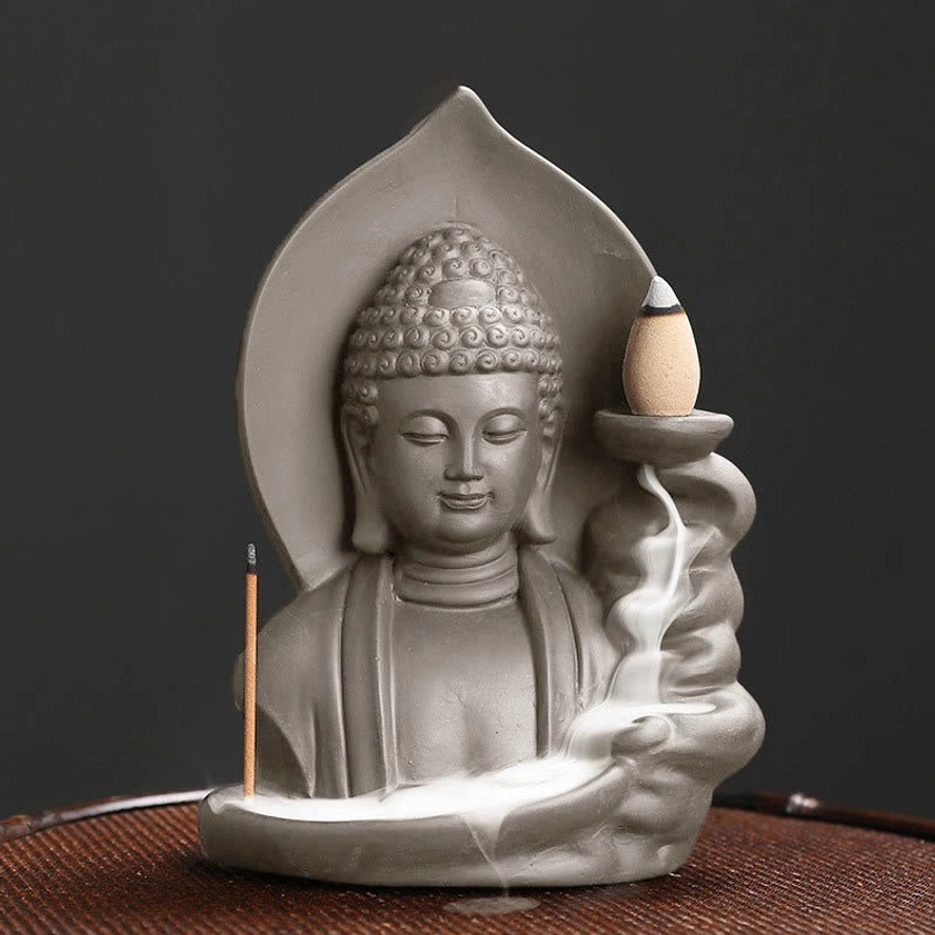 Buddha style ceramic incense holder with backflow fountain technology - meditation decor