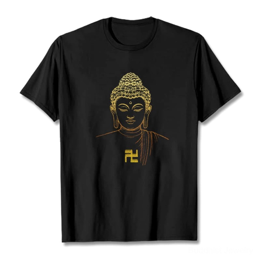 Golden Buddha swastika design black cotton t-shirt front flat lay