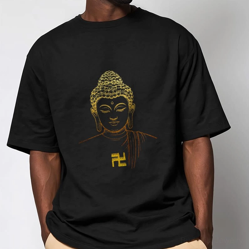 Male model wearing golden Buddha swastika black cotton t-shirt studio background