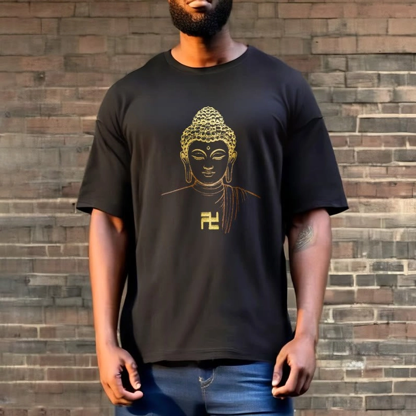 Male model in black Buddha swastika spiritual tee outdoor brick wall casual wear
