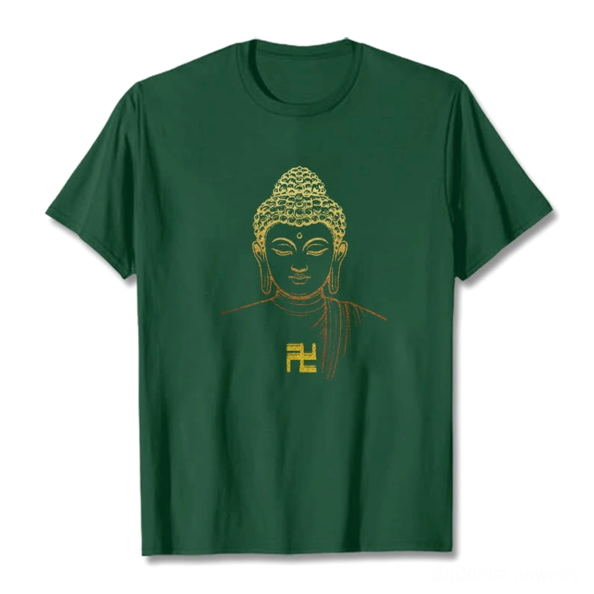 Golden Buddha swastika print dark green cotton t-shirt front flat lay