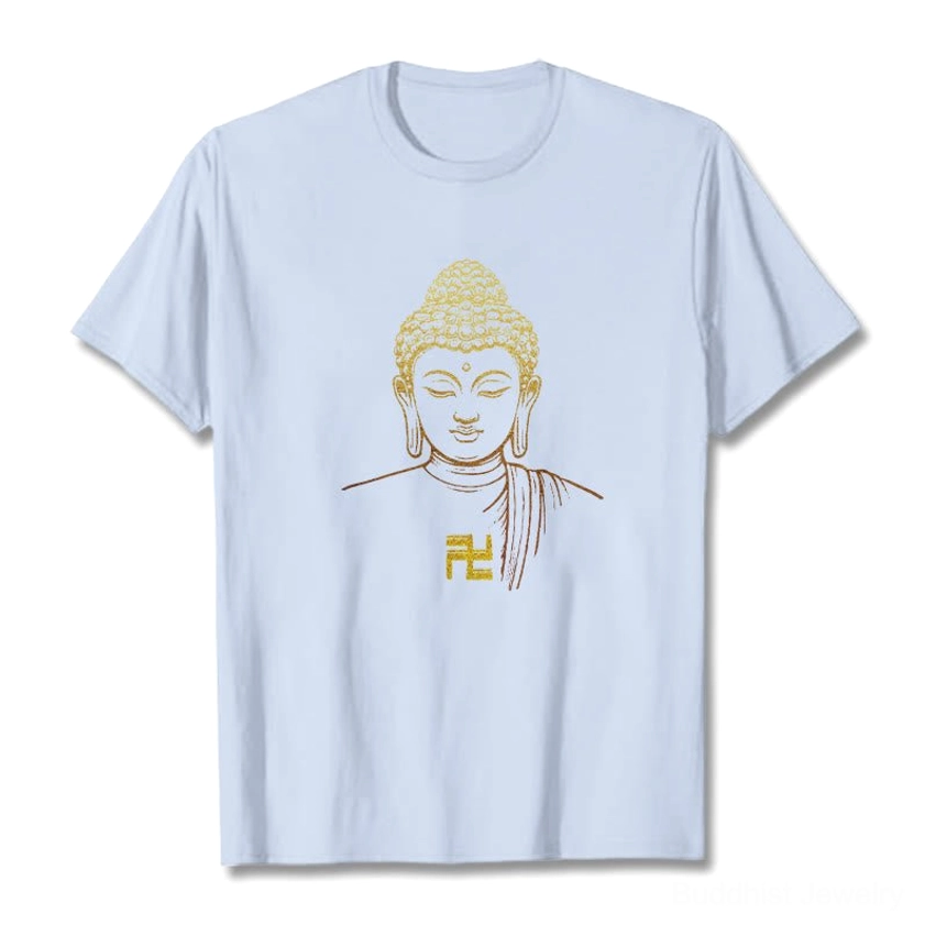 Golden Buddha swastika tee fabric texture close-up premium cotton