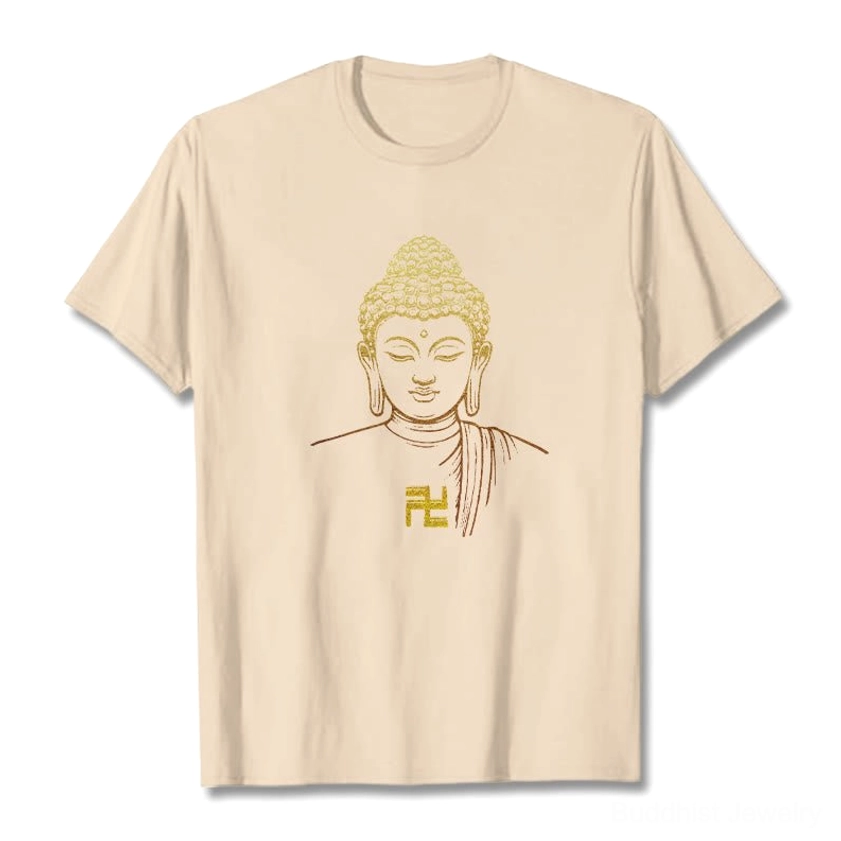 Light pink Buddha swastika spiritual cotton tee front flat lay view