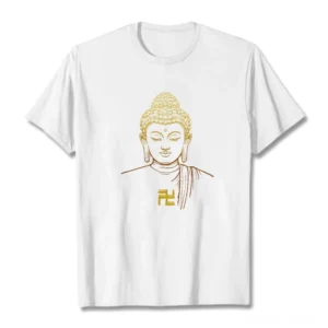 Golden Buddha swastika symbol white cotton t-shirt front flat lay view