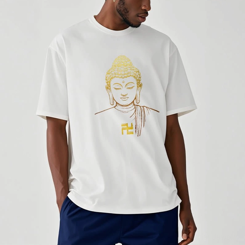 Male model wearing golden Buddha swastika cotton t-shirt white crew neck