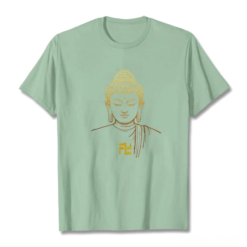 Golden Buddha swastika symbol cotton tee white crew neck side view