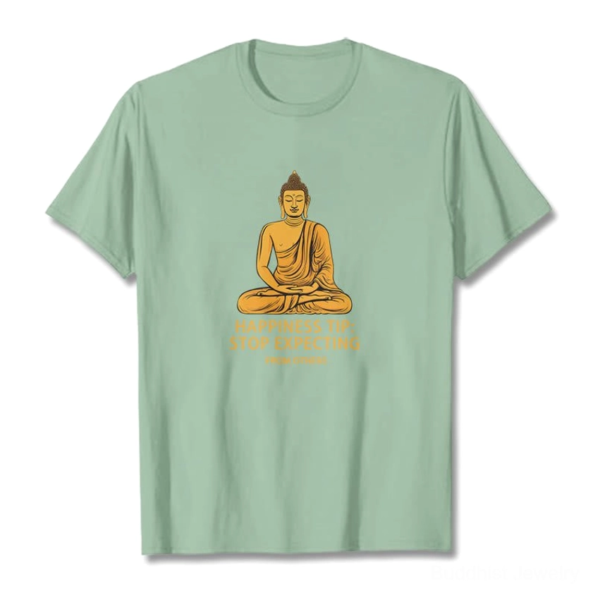 Buddhist mindfulness graphic t-shirt back view showing garment construction and fabric quality
