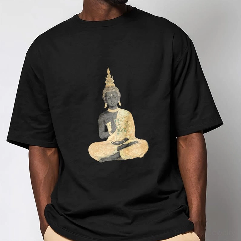 Meditating Buddha t-shirt back view showing fit and fabric quality