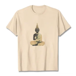 Beige meditating Buddha t-shirt front flat lay showing cream cotton tee with meditation design