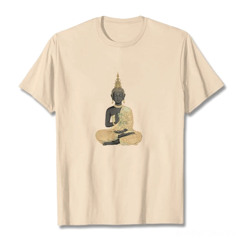 Beige meditating Buddha t-shirt front flat lay showing cream cotton tee with meditation design