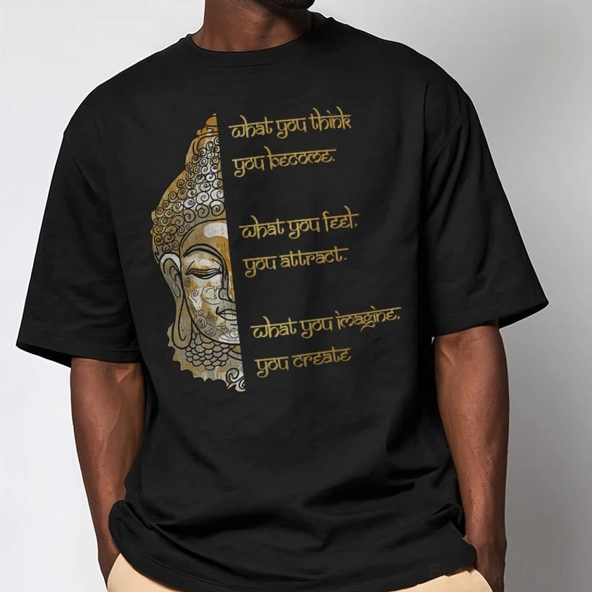 Male model wearing black Buddhist what you think t-shirt with gold print detail, front torso view