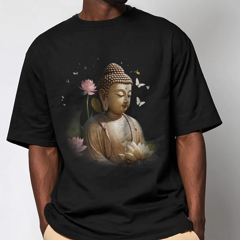 Oversized black Buddha meditation graphic t-shirt male model