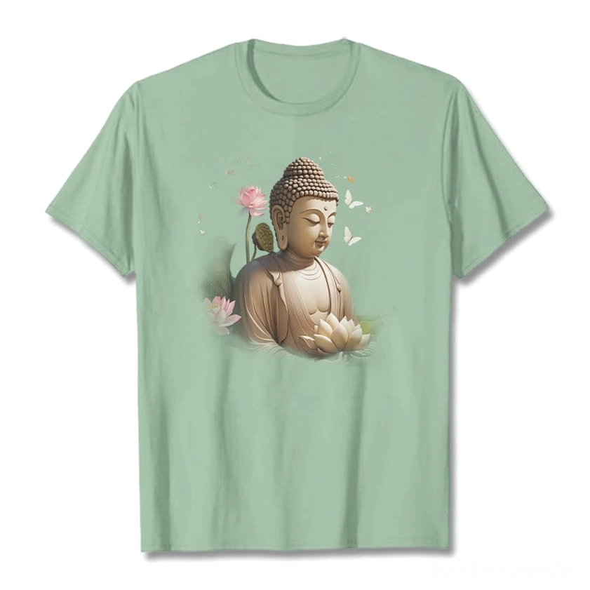 Buddha meditation t-shirt care instructions and packaging