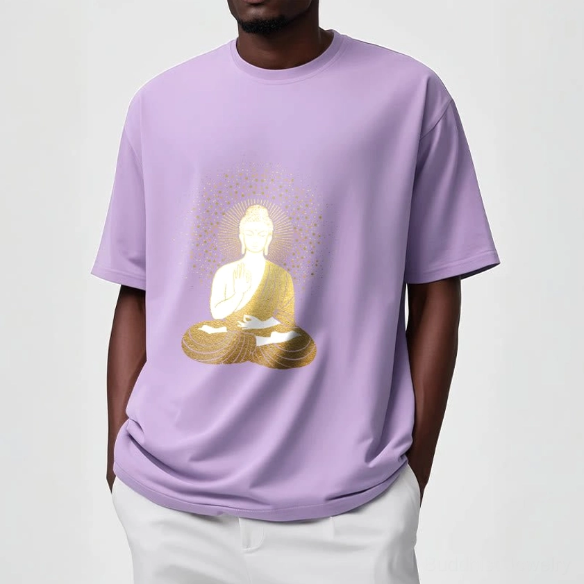 Meditation Buddha golden aura t-shirt model wear-test comfort fit spiritual graphic tee daily wear