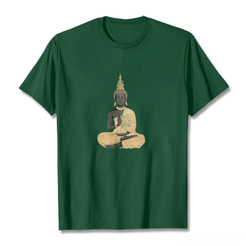 Dark green Buddhist meditation t-shirt front flat lay with crew neck and short sleeves