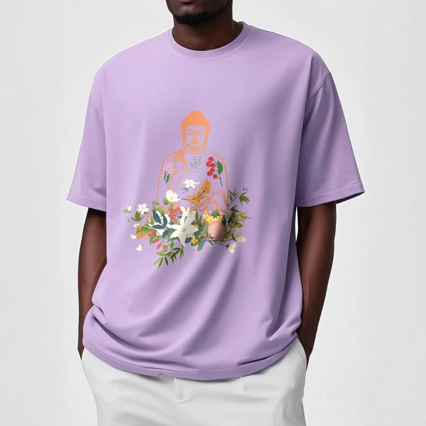 Buddha floral graphic tee showing fabric quality premium cotton material
