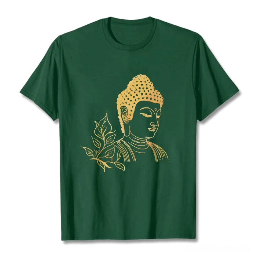 Close-up detail of gold Buddha and leaf foil print on Buddhist graphic meditation tee