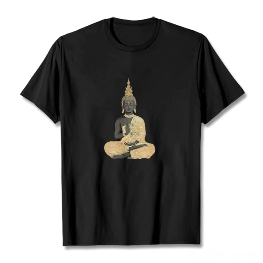 Buddhist meditation cotton t-shirt lifestyle photo showing comfort and everyday wear