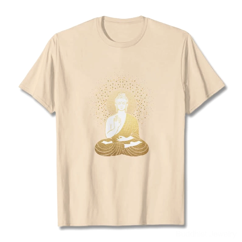 Meditation Buddha golden aura graphic t-shirt lifestyle wear spiritual mindfulness clothing