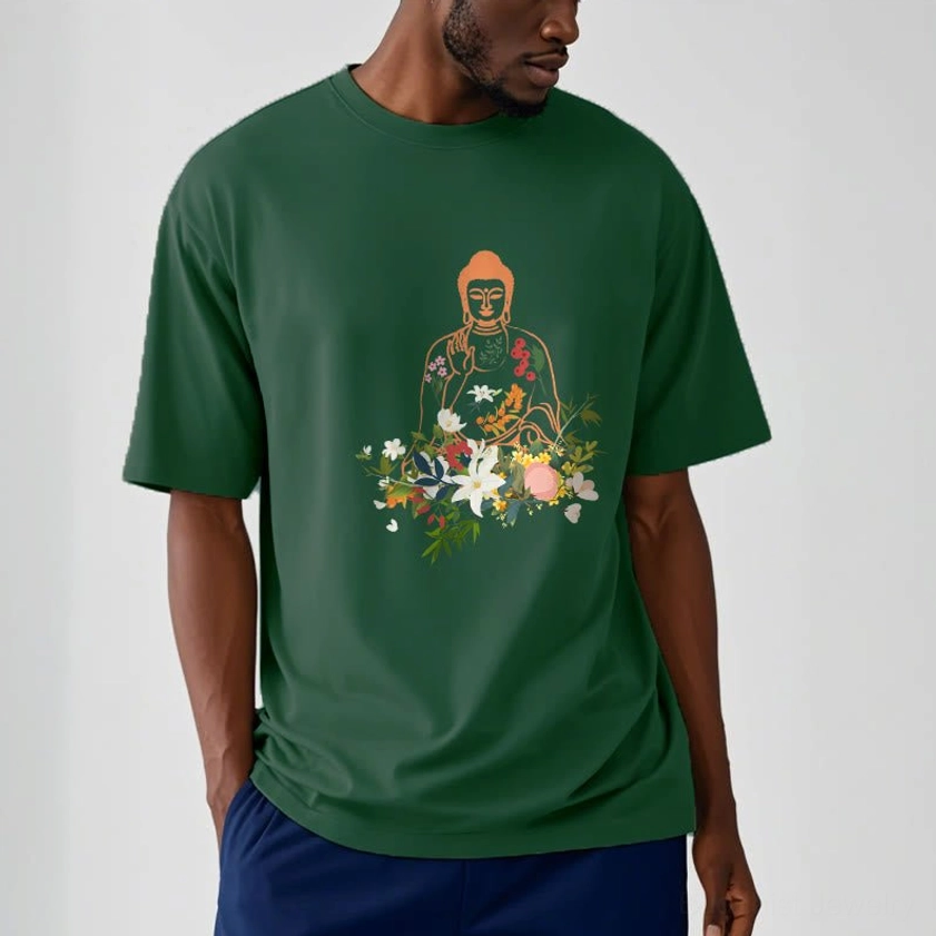 Zen Buddha floral t-shirt lifestyle wear showing comfort fit movement