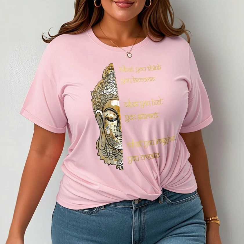 Female model in light cyan Buddha affirmation t-shirt with gold print front casual view