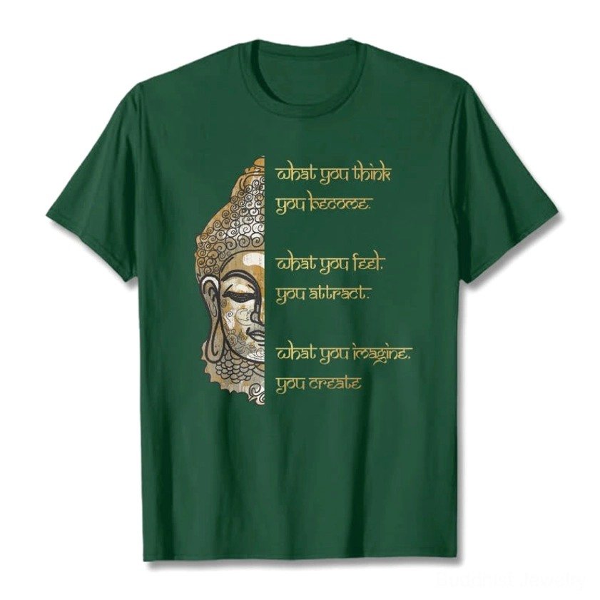 Light cyan Buddhist affirmation t-shirt flat overhead view with gold Buddha and positive thinking quote