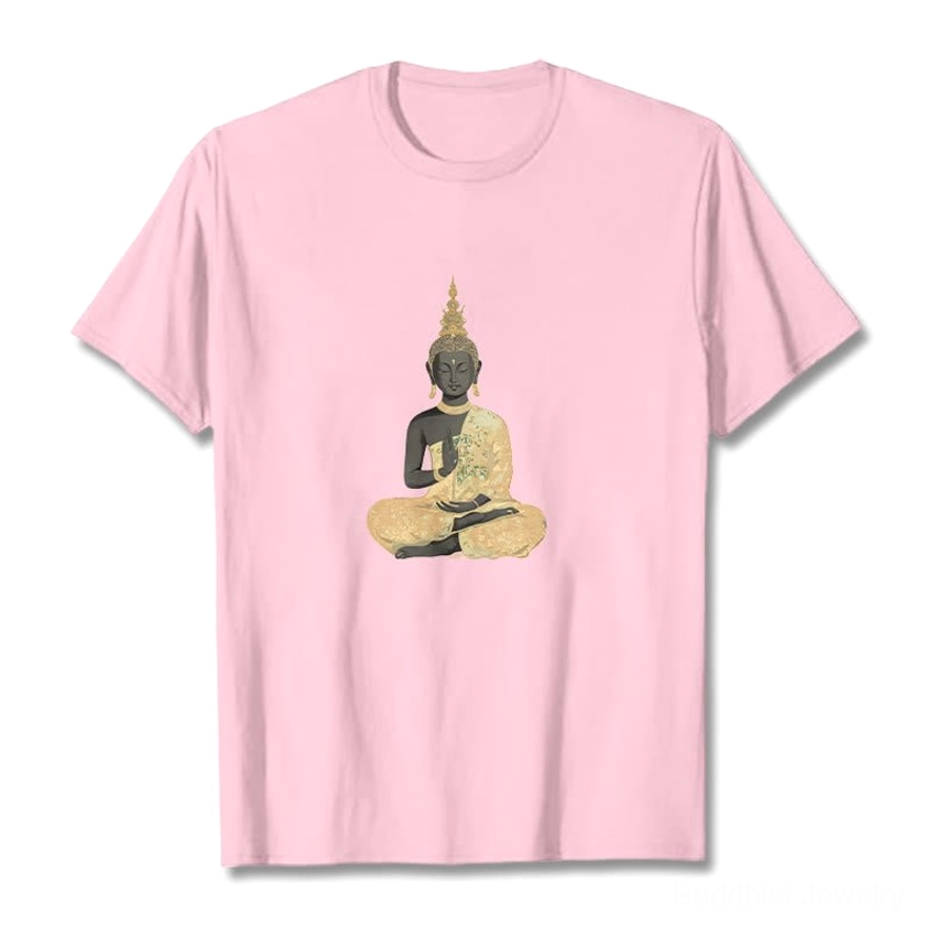 Light pink meditating Buddha cotton t-shirt front flat lay with compassionate color