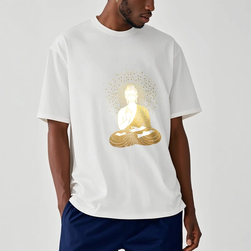 Male model wearing white loose-fit meditation Buddha golden aura t-shirt studio setting navy pants