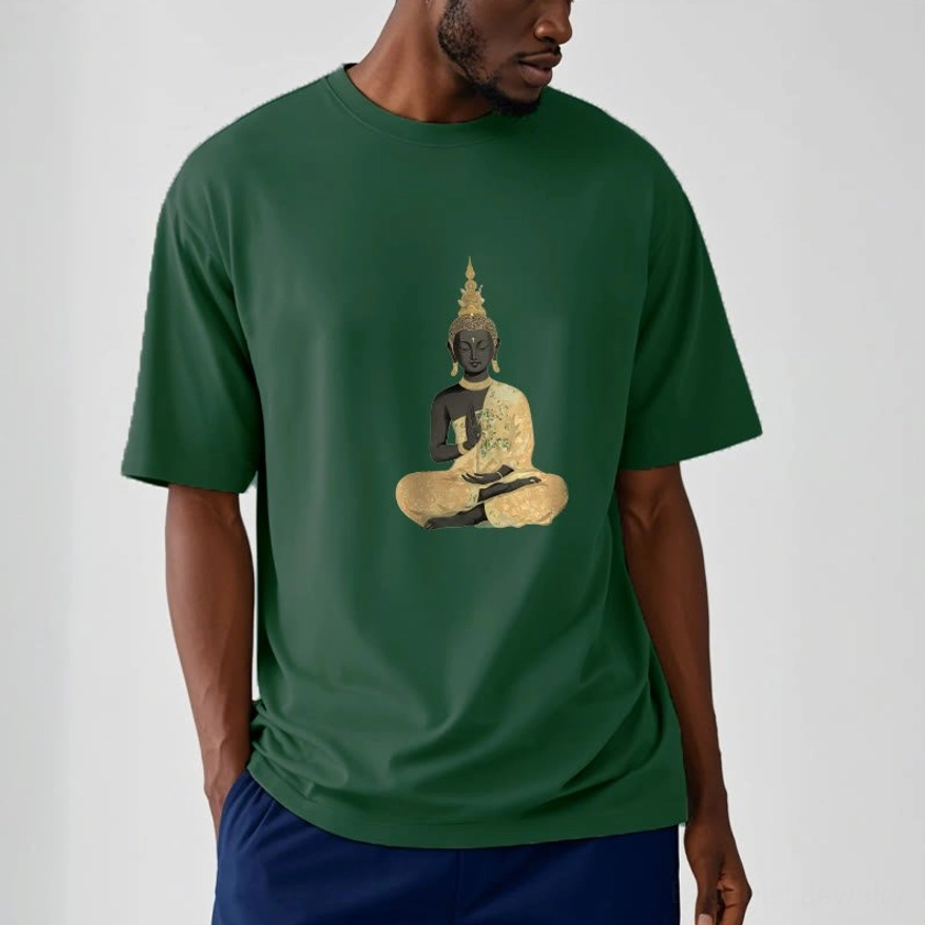 Male model wearing dark green meditating Buddha t-shirt with loose fit casual style