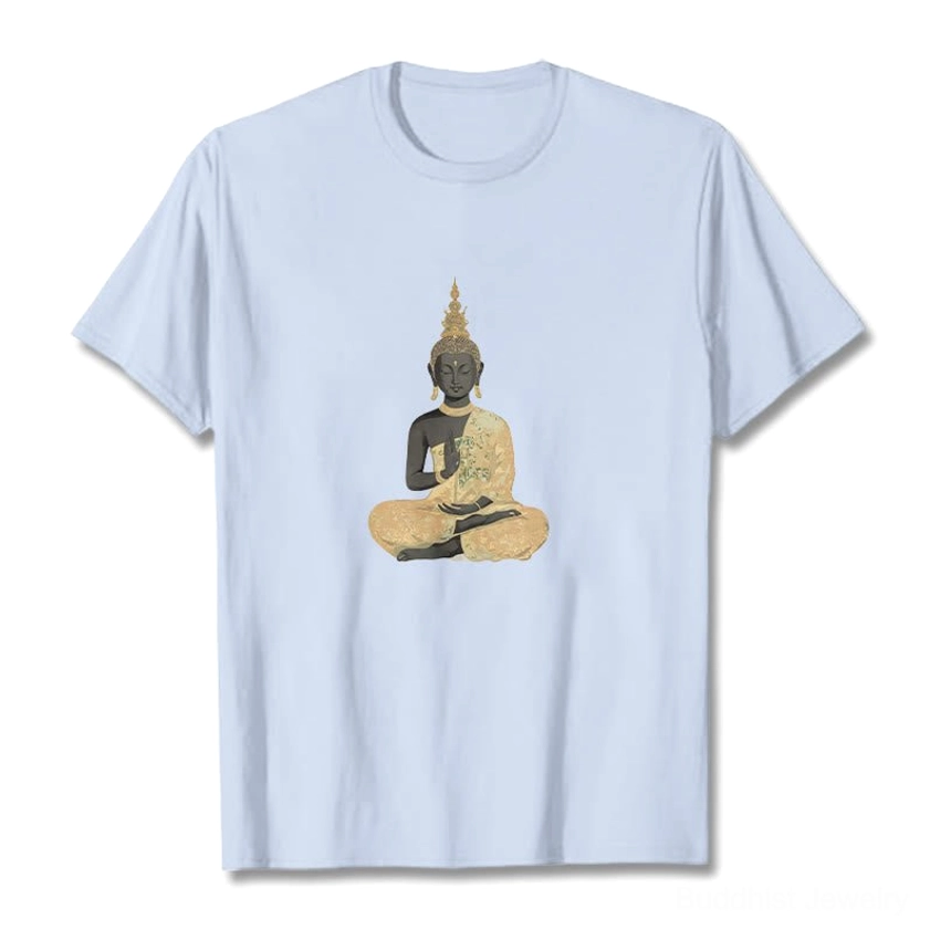 Meditating Buddha t-shirt model lifestyle wearing with calm mindful aesthetic