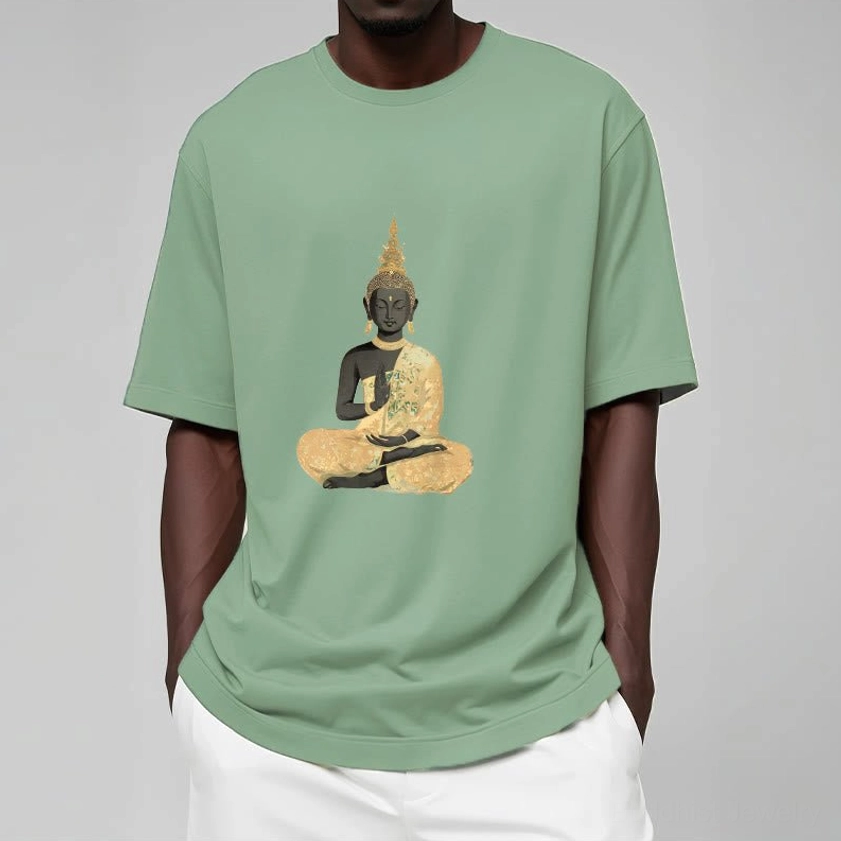 Buddhist meditation t-shirt showing neckline detail and crew neck construction